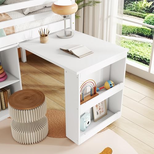 SOFTSEA Twin Size Low Loft Bed with Desk and Storage, Twin Size Loft Bed with Portable Desk, Storage Drawers & Shelves for Kids Teens, Wood Loft Bed with Bookshelf, White SOFTSEA