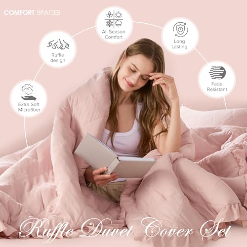 Comfort Spaces Blush Twin Duvet Cover Set - 2 Pieces Ruffle Diamond Quilted Duvet Cover, All Season Lightweight, Cotton-Like Softness Pre-Washed Microfiber Twin Bedding Cover & Sham, Twin Comfort Spaces