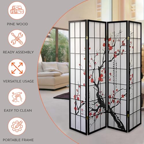 Legacy Decor 4-Panel Blossom Screen - Portable, Foldable Shoji Style Room Divider - Plum Blossom, Freestanding Room Privacy Dressing Screen - Temporary Wall Partition for Home, Office & Studio - Black Legacy Decor