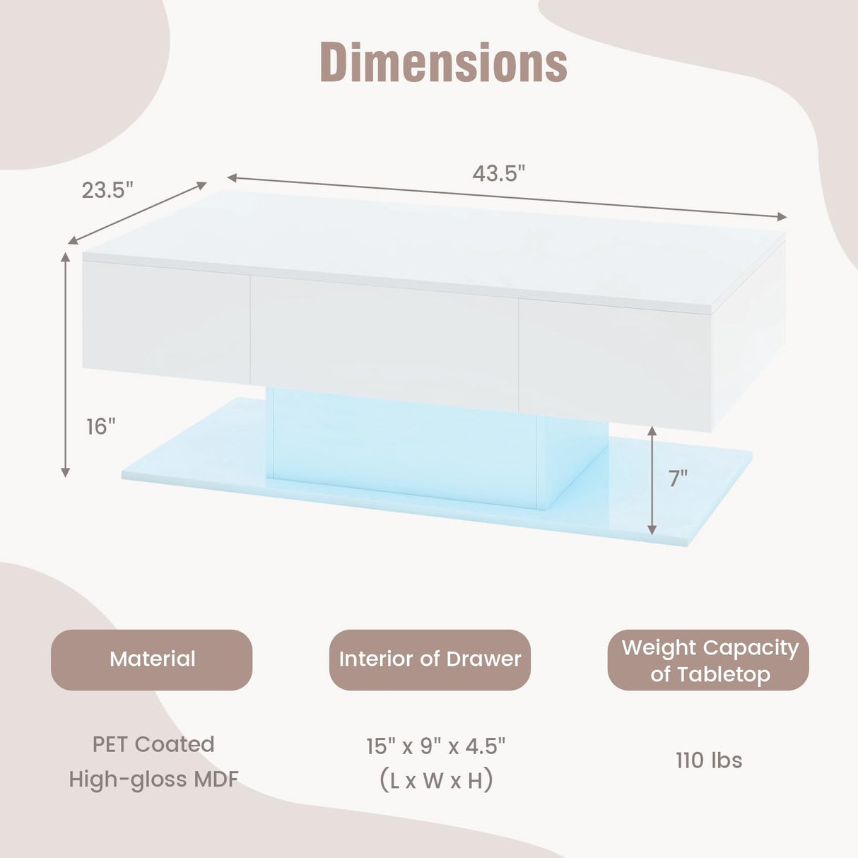 Giantex Modern LED Coffee Table - 2-Tier Center Table w/ 2 Storage Drawers, Adjustable Brightness & Speed, 20-Color Light, 43.5''L Rectangular High-Gloss Finished Table for Living Room (White) Giantex