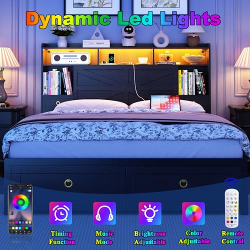 Etditrnp Full Bed Frame with Storage Headboard, Farmhouse Platform Bed Frame with Bookshelf, Drawers, LED Lights and Charging Station, Metal Slats Support, Noise Free, No Box Spring Needed, Black Etditrnp