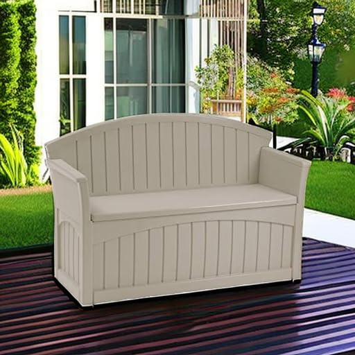Suncast 50 Gallon Patio Bench with Storage - Decorative Resin Outdoor Patio Bench for Deck, Patio, Garden, Backyard - Ideal for Storing Toys, Cushions, Tools - Taupe () Suncast