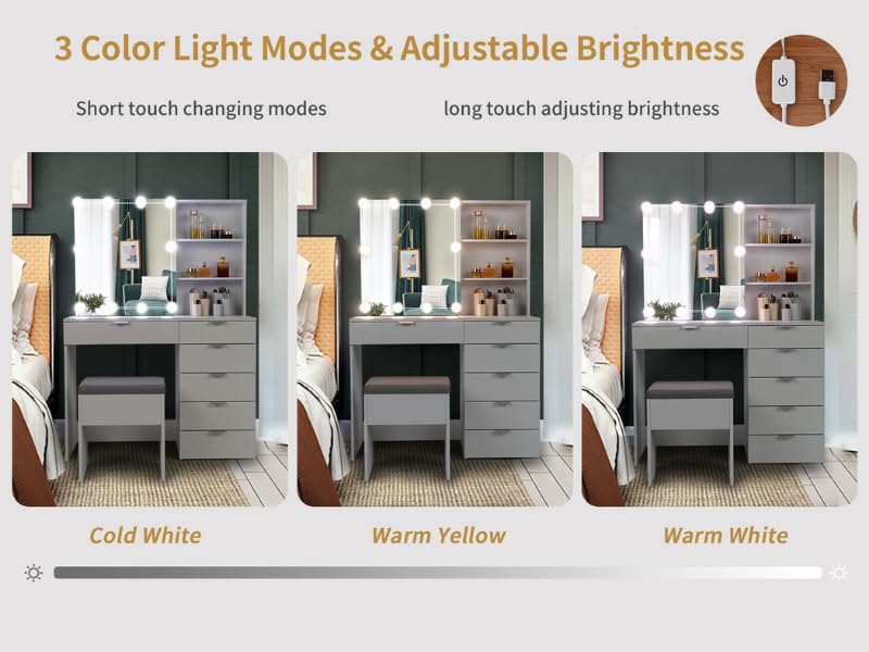 Karl home Vanity Desk with Sliding Mirror, 6-Drawer Makeup Vanity, Bedroom Makeup Desk, Vanity Table with Adjustable Brightness & 3 Colour Light Modes,White Karl home