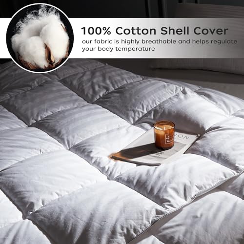 puredown® Goose Feather Comforter Full/Queen Size - All Season Duvet Insert, Ultra Soft Stripe 100% Cotton Shell Hotel Collection Comforters, 500 Thread Count with Ties (90x90'',Stripe White) puredown