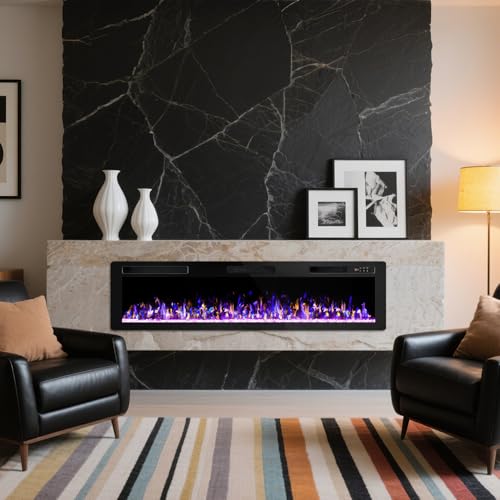 OFIKA Electric Fireplace Inserts Ultra-Thin Freestanding 750/1500W Electric Fireplace Heater Wall Mounted or Recessed Fireplace Electric with Adjustable Multicolor Flame,Timer (72 inch) OFIKA