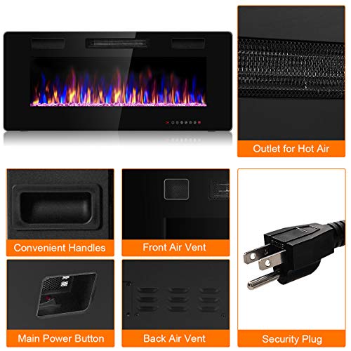 Tangkula 42 Inches Recessed Electric Fireplace, in-Wall & Wall Mounted Electric Heater with Adjustable Flame Color & Speed, Remote Control, Touch Screen, 750-1500W (42 Inches) Tangkula