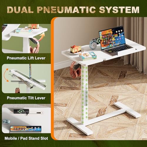 EKNKOZY Standing Desk, Medical Overbed Table with Rolling Tray, Dual Pneumatic Angle and Height Adjustable Desk, Portable Side Table with Hidden Wheels, Home & Hospital Use, White EKNKOZY