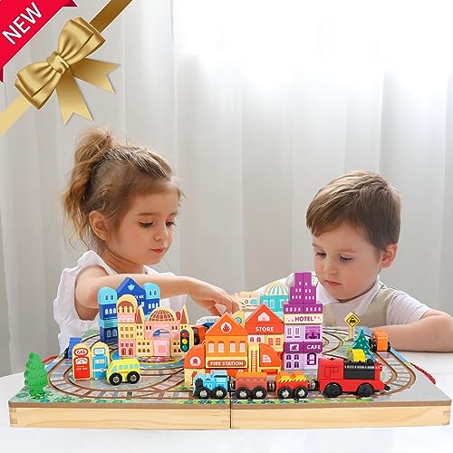 Wooden Building Blocks Set, Electric Train City Construction Stacking Blocks Preschool Learning Educational Toys,Toddler Toys for 3+ Year Old Boy and Migargle