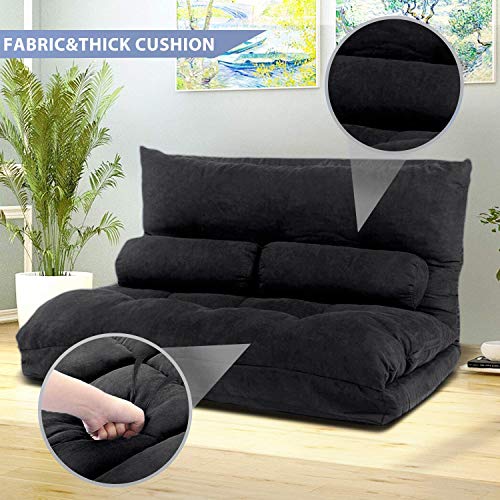 Flieks Floor Sofa Bed Adjustable 5-Position Reclining Futon Sofa Bed Foldable Lazy Sofa with 2 Pillows for Kids, Black Flieks