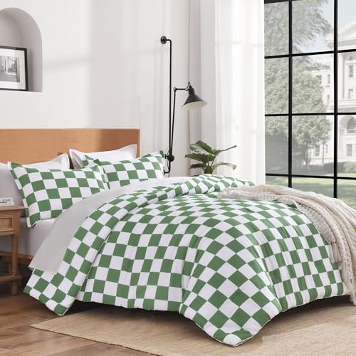 Andency Green Checkered Comforter Full(79x90Inch), Plaid Gingham Buffalo Grid Bedding Comforter Sets for Boys Kids Teens, 3 Pieces Lightweight Microfiber Geometric Preppy Bed Set Andency