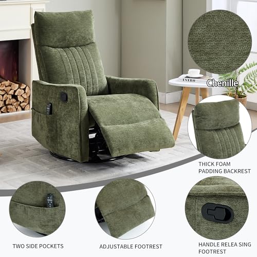 High Back Massage Recliner with Heat - Swivel Rocking Chair for Small Spaces, Manual Lazy Boy Recliner for Adults, Perfect for Living Room & Bedroom, Soft Fabric (Antique Green)
