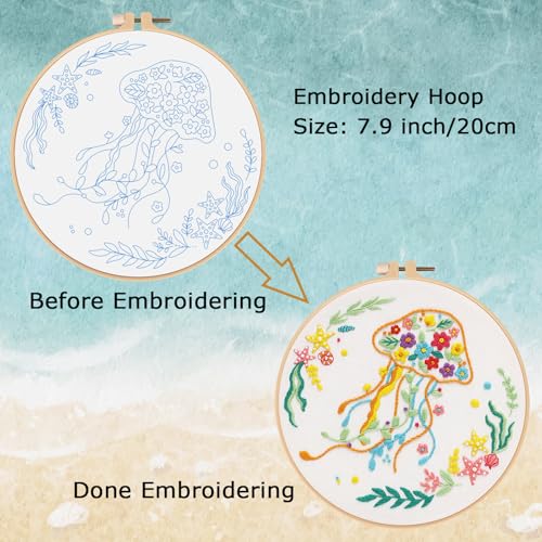 Louise Maelys Animal Embroidery Kit for Beginners-DIY Cross Stitch Starter Craft Kit for Adults Including Cloth with Pattern, Hoop, Needles Instruction and Threads(Jellyfish)