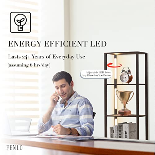 FENLO 64" Display Shelf with Dimmable LED Floor Lamps, Sturdy Display Cabinet with Shelves for Bedroom, Open Bookshelf Display Case with Corner Curio Cabinet, 3 Brightness Levels, Fancy Plus Black FENLO