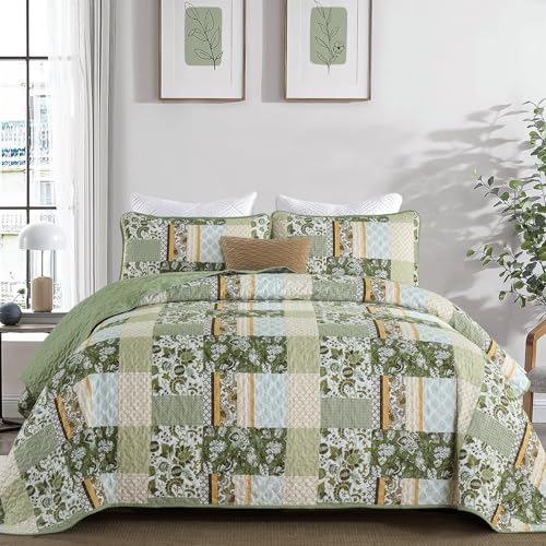 WONGS BEDDING Quilt Set Queen Size Green, 3 Pieces Patchwork Plaid Bedspread Coverlet Set, Floral Soft Microfiber Bedding Set for All Season(96"×90“) WONGS BEDDING