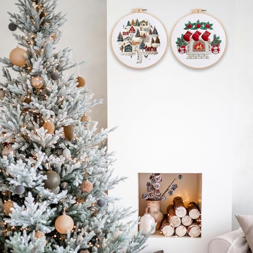 FONNUY Crewel Christmas Embroidery Kit for Beginners, Cross Stitch Set Winter Snow Scene Pine Owl Pattern for Adults, Easy to Follow Color Thread Needlework, 8'' Hoop (Tree and House 1)