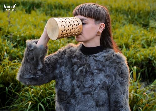 NORSE EMPIRE Premium Wooden Beer Mug 16Oz Chainmail Pattern 100% Handcrafted Beer Stein Wine accessories Viking Gifts Medieval Gift Sack Tankard Christmas Coffee Cups Vikings Mug Food Safe NORSE EMPIRE