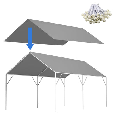 Canopy Tarp Replacement Cover for 12' x 20' Carport Frame, 200G Heavy Duty Replacement Top Cover for Car Garage, Waterproof & UV Protected Tarp with 50 Ball Bungees (Only Cover), Grey