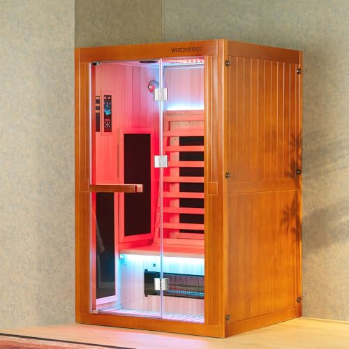 Woodbridge Infrared Home Sauna Room 2 Person Japanese Cedar Indoor Sauna with 7 Carbon Heaters, Red Light Therapy, Bluetooth Speaker, Intelligent Control Panel, Tempered Glass & Top Vent WOODBRIDGE