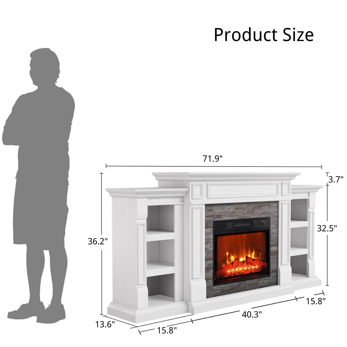 Naice 70" Electric Fireplace with Mantel and Cabinets, Fireplace TV Stand for Living Room Bedroom, Stacked Stone Surround and Remote Control 3D Realistic Flame, White Naice