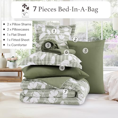 BLOOMHAVEN Queen Comforter Set -7 Pieces Sage Green Floral Comforter Set for All Seasons, Bed in a Bag Queen with Botanical Flowers Comforter, Sheets, Pillowcases & Shams BLOOMHAVEN