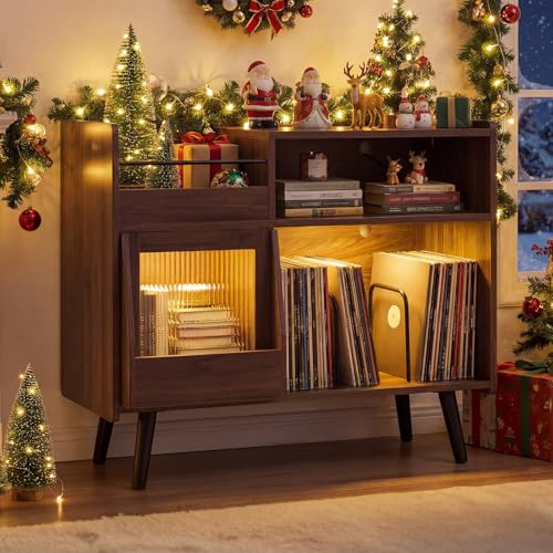 Giantex Large Record Player Stand with LED Light, Mid Century Modern Turntable Stand w/Sliding Door, Charging Station & Solid Wood Leg, Record Player Table, Vinyl Record Storage for Living Room, Walnut Giantex