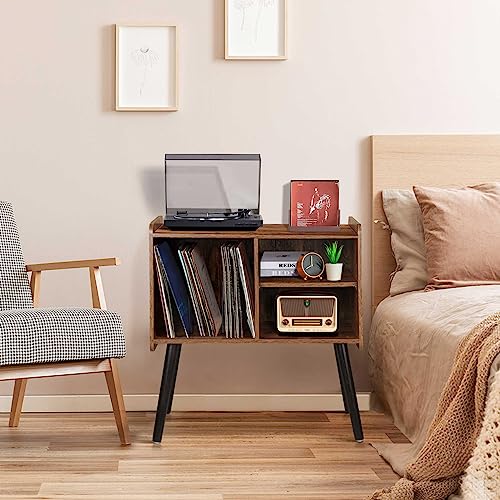Possile Record Player Stand with Vinyl Record Storage, Mid-Century Turntable Stand for Living Room Bedroom Office, Record Player Table, Vinyl Holder Holds up to 100 Albums, Rustic Brown Possile