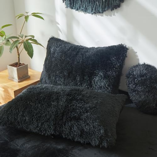 Besfunny Fluffy Faux Fur Black Comforter Cover Queen Set – Plush Fluffy Black Bedding 3-Piece Set (1 Duvet Cover + 2 Furry Pillow Shams) Cozy Bed Set Besfunny