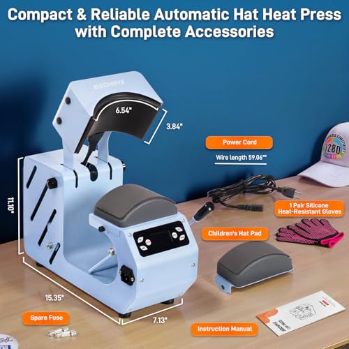 Auto Hat Heat Press Machine, Automatic Open/Release, 4 Memory Modes, Precise Temp/Timer Control, 6.54"x3.84"Curved Heat Plate, Hat Stretcher, for Caps, Sublimation, Vinyl, Heat Transfer GOCHIFIX
