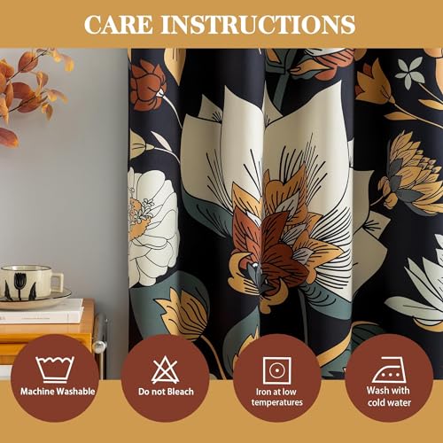 Tyrot 100% Blackout Black Boho Floral Curtains 108 Inches Extra Long for Bedroom Mid Century Botanical Black Out Curtains Room Darkening Grommet Top Thermal Insulated Window Drapes 2 Panels,52Wx108L Tyrot