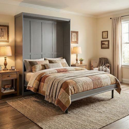 Merax Rotating Queen Murphy Bed with Hidden Storage Racks, Space-Saving Multifunctional Wall Bed for Home Office & Small Rooms Merax