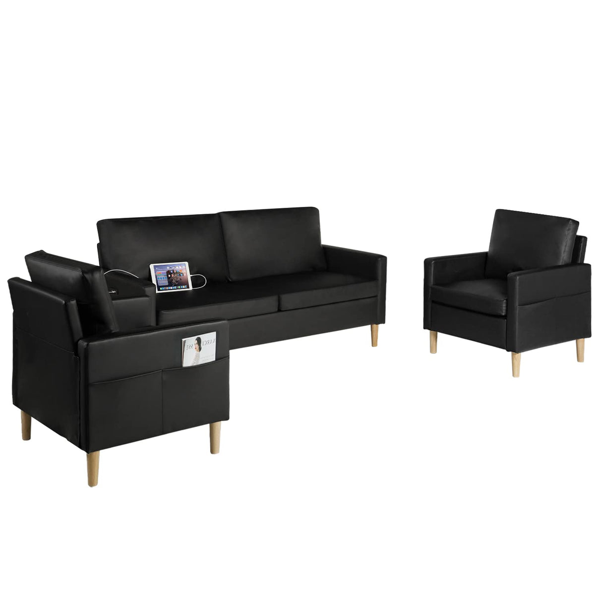 AILEEKISS Mid-Century Sectional Sofa Sets 3 Pieces Faux Leather Loveseat Couches with 2 USB Living Room Furniture Accent Arm Chairs for Small Space, Apartment, Office (1-Seater+1-Seater+3-Seater) AILEEKISS