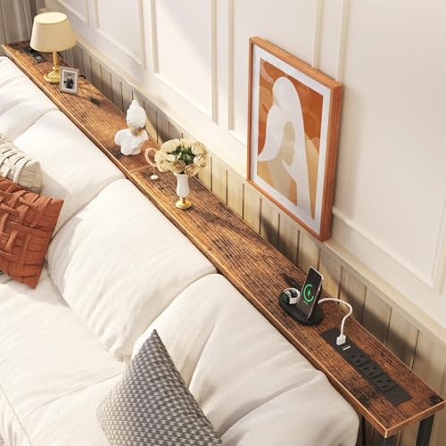 SEFILENCE 102.4’’ Narrow Console Table with 26"–34" Height Adjustable, Behind Couch Table Skinny with 2 Power Outlets and USB Ports, Long Sofa Tables for Living Room and Small Spaces, Rustic Brown SEFILENCE