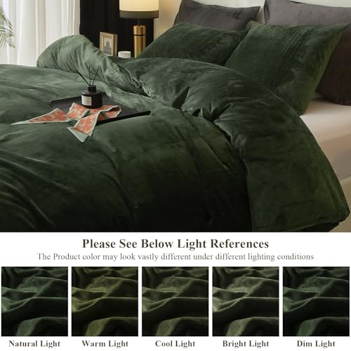 Ivellow Velvet Duvet Cover King Set Dark Green Comforter Cover 3Pcs Ultra Soft Cover Breathable Solid Luxury Flannel Velour Duvet Cover Zipper Closure Corner Tie Ivellow