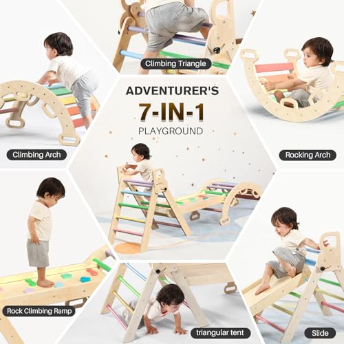 BlueWood Pikler Triangle Set 7in1 Foldable Baby Climbing Toys Wooden Montessori Climbing Set with Arch&Ramp&Ladder Baby Climber Indoor Jungle Gyms for Toddlers Montessori Toys - Rainbow BlueWood