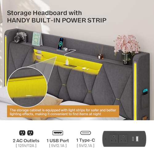 Dnxao Floating Bed Frame Queen with Hidden Storage Headboard, Heavy Duty Metal Platform with Dual Zone LED Lights & Charging Station, Noise Free No Box Spring Needed, Gray Linen Upholstered Dnxao