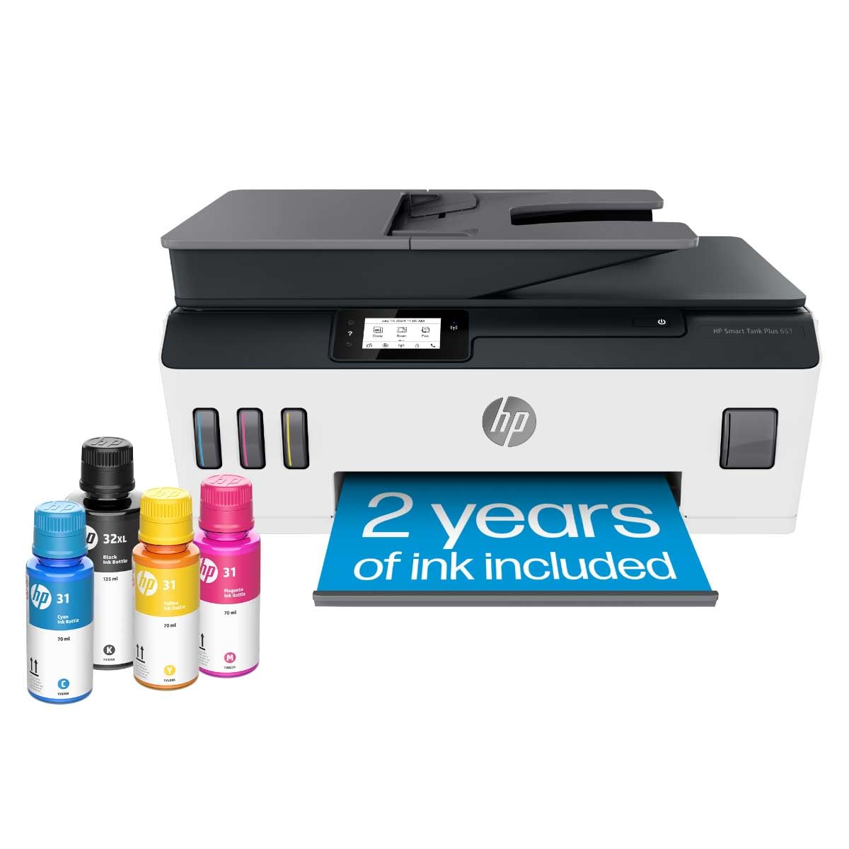 HP Smart -Tank Plus 651 Wireless All-in-One Ink -Tank Printer, up to 2 Years of Ink in Bottles, Auto Document Feeder, Mobile Print, Scan, Copy, Works with Alexa (7XV38A) HP