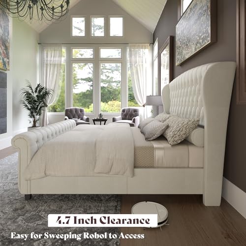 AMERLIFE California King Size Platform Bed Frame, Velvet Upholstered Sleigh Bed with Scroll Wingback Headboard & Footboard/Button Tufted/No Box Spring Required/Cream AMERLIFE