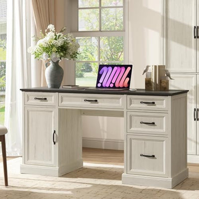 CARPETNAL 58'' Farmhouse Executive Desk with Drawers, Home Office Desk with File Drawer and Storage Cabinet, Rustic Computer Desk for Working, Studying, Writing, White