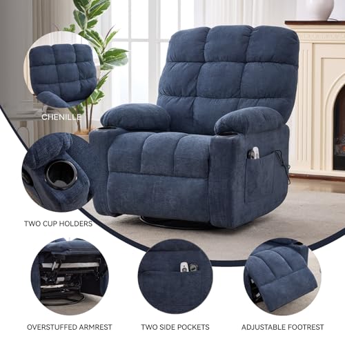Sang Seiyoga Heat Massage Recliner Chair with Rocker & Swivel, Wall Hugger Small Recliner for Small Spaces, Manual Living Room Chair, Navy Blue, Ergonomic Design for Relaxation