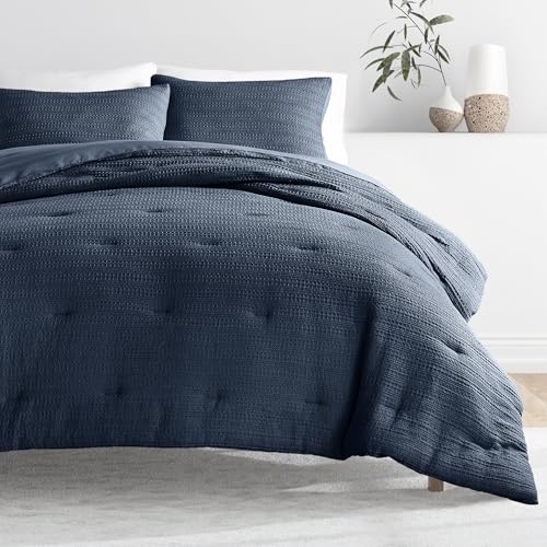 Merit Linens Waffle Textured 3 Piece Comforter Set All Season Down-Alternative Ultra Soft Bedding - Full/Queen Navy Merit Linens