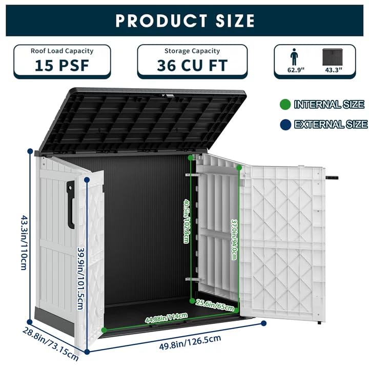 LHBGO Horizontal Storage Shed, Outdoor Resin Storage Shed 36 Cu. Ft. Garden Extra Large Capacity Weather Resistant Storage Box, Lockabl Waterproof Shed for Garbage Cans, Garden Tools, Light Gray LHBGO