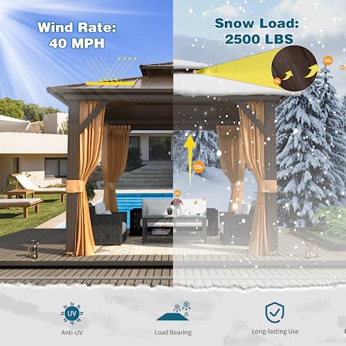 MELLCOM 10'x10' Hardtop Gazebo, Galvanized Steel Metal Double Roof Aluminum Gazebo with Curtain and Netting, Brown Permanent Pavilion Gazebo for Patio, Lawn & Garden MELLCOM