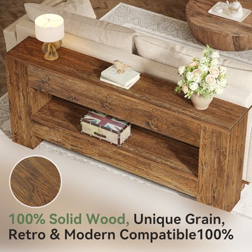 TRIBEWOOD Solid Wood Console Table, 63-Inch Farmhouse Entryway Table with 2-Tier Storage Shelf, Rustic Wooden Narrow Long Sofa Table Behind Couch for Entryway, Hallway, Foyer, Living Room, Brown TRIBEWOOD