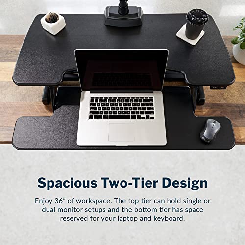 Vari Varidesk Pro Plus 36 Electric Standing Desk Converter – 11 Height Settings + Spring-Loader Lift, 2 Tier Design, Keyboard Tray – Fits Desktops 36” Wide x 26.5" Deep – Fully Assembled (Black) Vari
