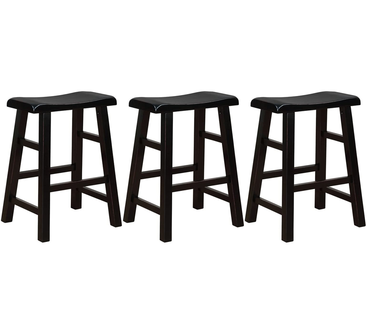 eHemco Heavy-Duty Solid Wood Saddle Seat Kitchen Counter Height Barstools, 24 Inches, Black, Set of 3 eHemco
