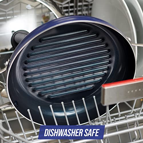 Blue Diamond 11" Grill Genie Pan, Diamond Infused Ceramic Nonstick with Lid, PFOA and PFAS-Free, Dishwasher & Oven Safe, Durable Cookware for Indoor Grilling, Searing, Versatile Cooking, Blue Blue Diamond