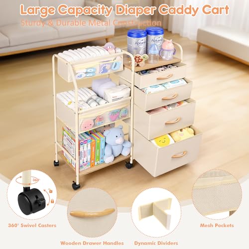 Fabuday Baby Diaper Caddy Organizer Cart - 4 Tier Rolling Diaper Cart with Wheels, Baby Essentials Organizers and Storage, Mobile Utility Carts for Bedside, Bedroom, Crib Nursury, Changing Table