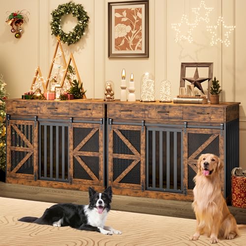 kepptory 48 Inch Large Dog Crate Furniture with 3 Storage Drawers, Wooden Pet Kennel with Removable Divider, Dog Kennel End Table TV Stand, Farmhouse Style Dog Crates with Sliding Barn Door (Brown) kepptory