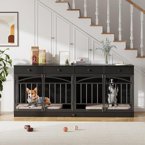 GAOMON Dog Crate Furniture for 2 Dogs, 78.7'' Large Dog Kennel Indoor with 4 Storage Drawers and Feeding Bowls, Double Dog Crate TV Stand for Small and Medium Dogs, Black GAOMON
