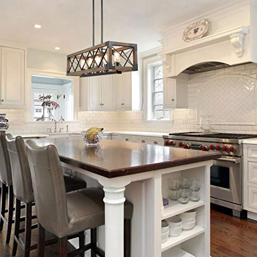 Farmhouse Chandelier for Dining Room, 5-Light Rectangular Chandelier, Wood Kitchen Island Lighting, 31.5'' L RUZINIU